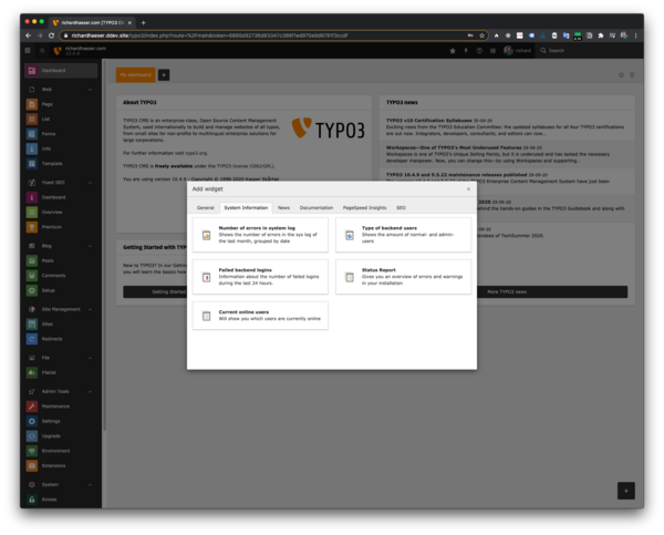 Screen to select the widget you want to add to the Dashboard for TYPO3